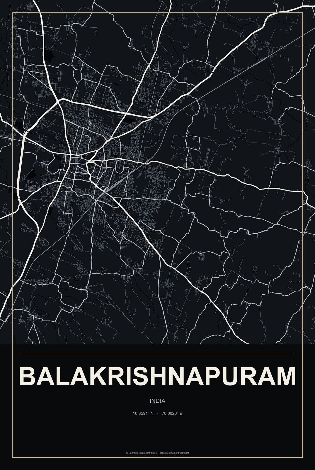 Balakrishnapuram, India City Map Aluminum Sign in Metropolitan Noir style