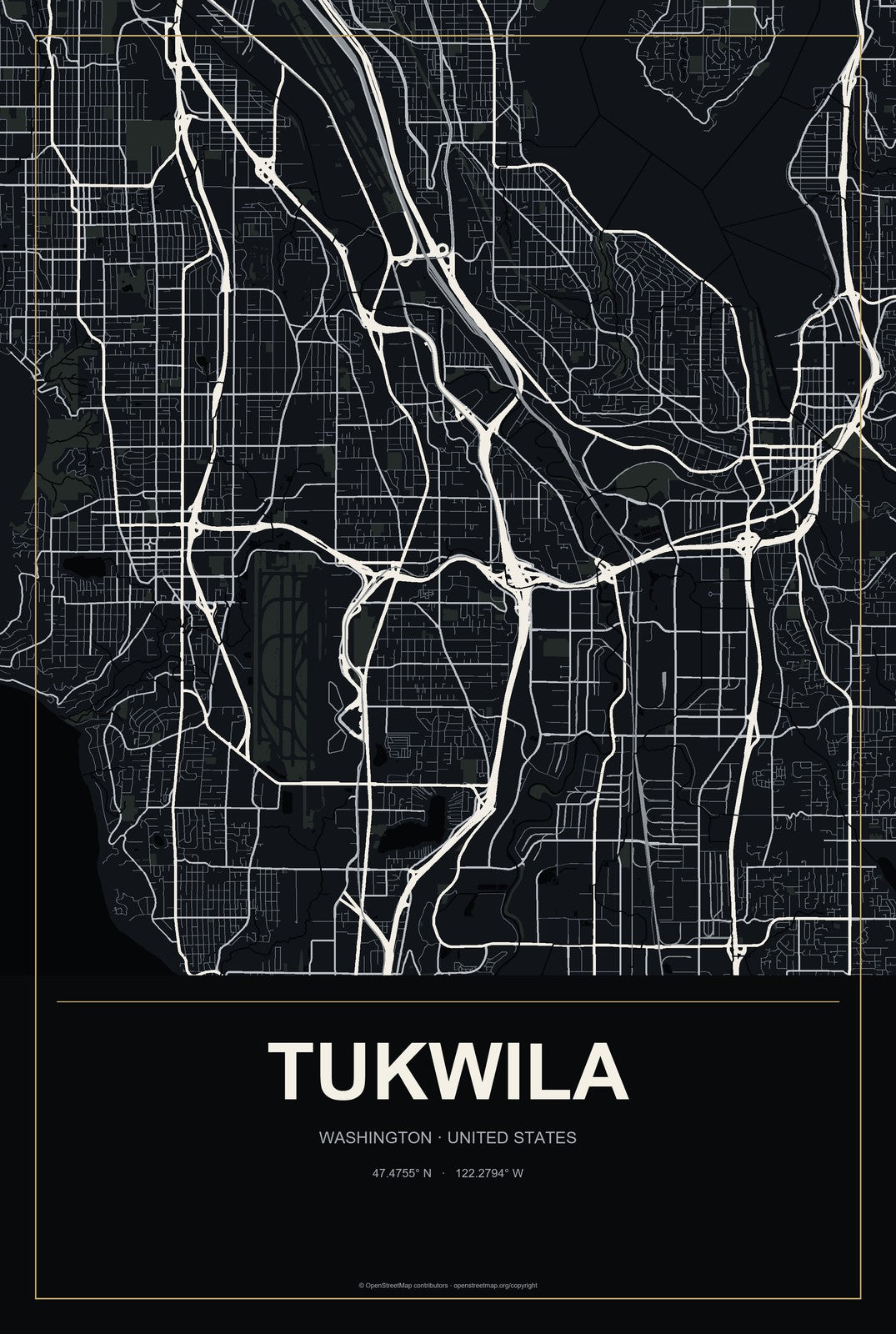 Tukwila, Washington City Map Aluminum Sign in Metropolitan Noir style