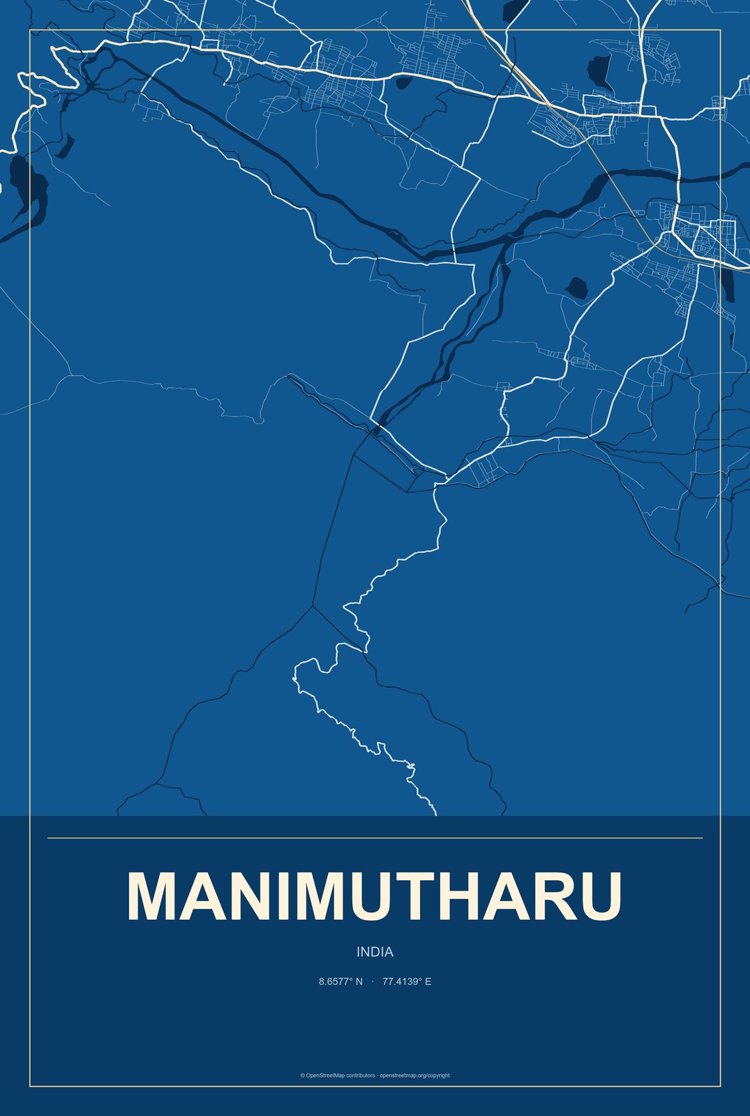 Manimutharu, India City Map Aluminum Sign in Harbor Cobalt style