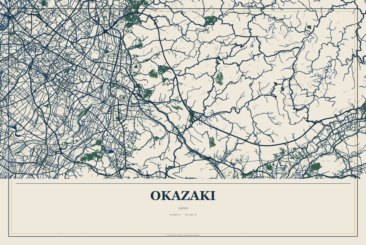 Okazaki, Japan City Map Aluminum Sign in Coastal Cutout style