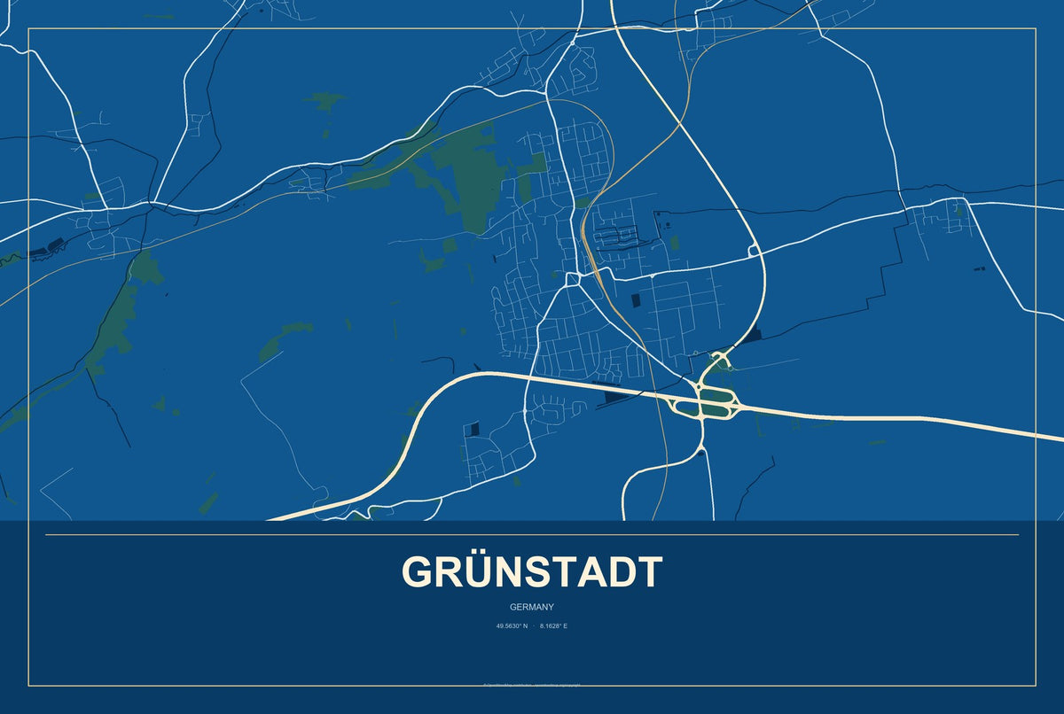 Grünstadt, Germany City Map Aluminum Sign in Harbor Cobalt style