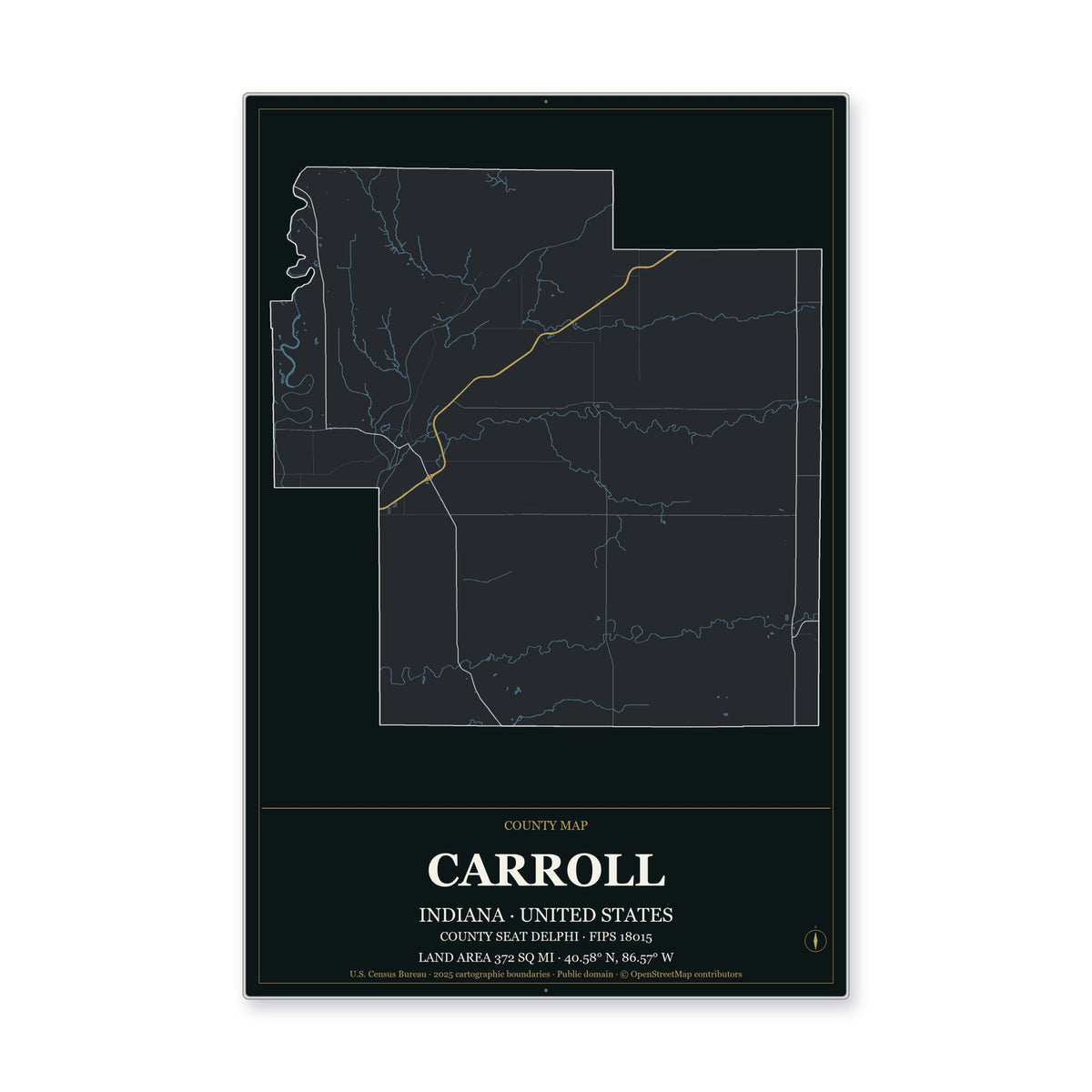 Carroll County, Indiana Map Aluminum Sign in Metropolitan Noir style