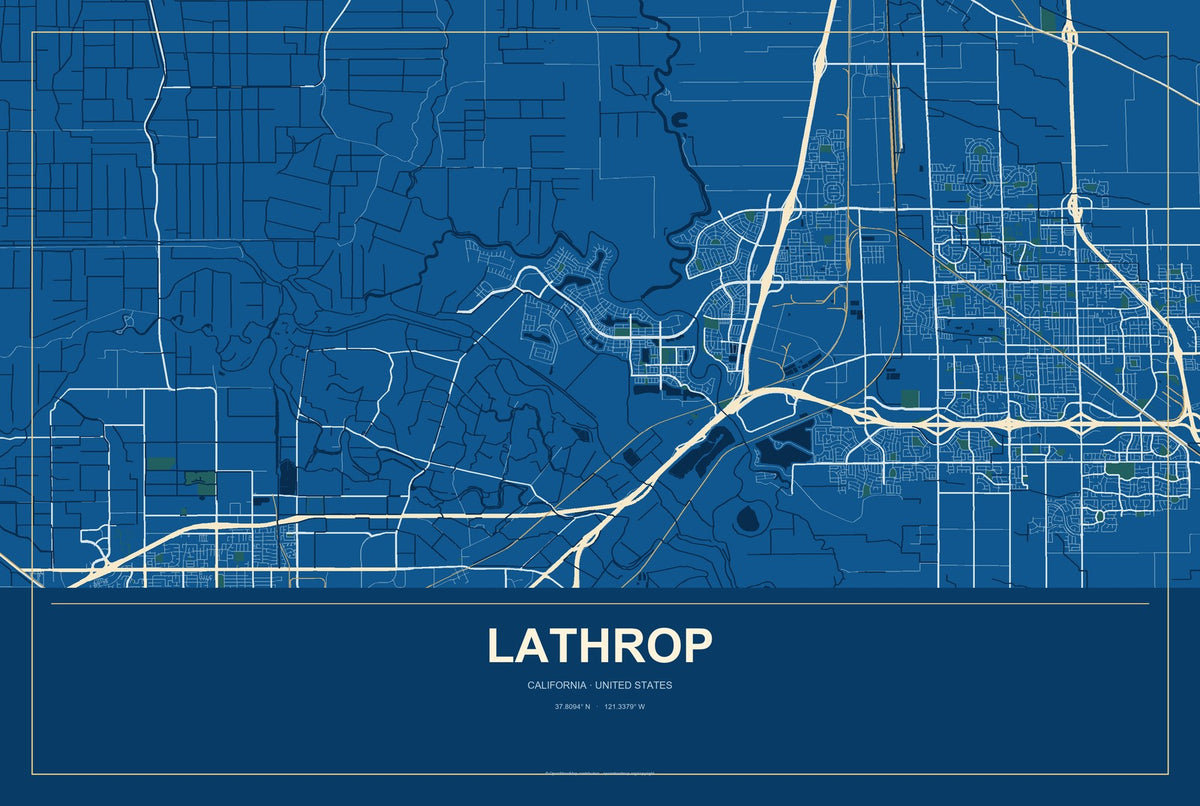 Lathrop, California City Map Aluminum Sign in Harbor Cobalt style