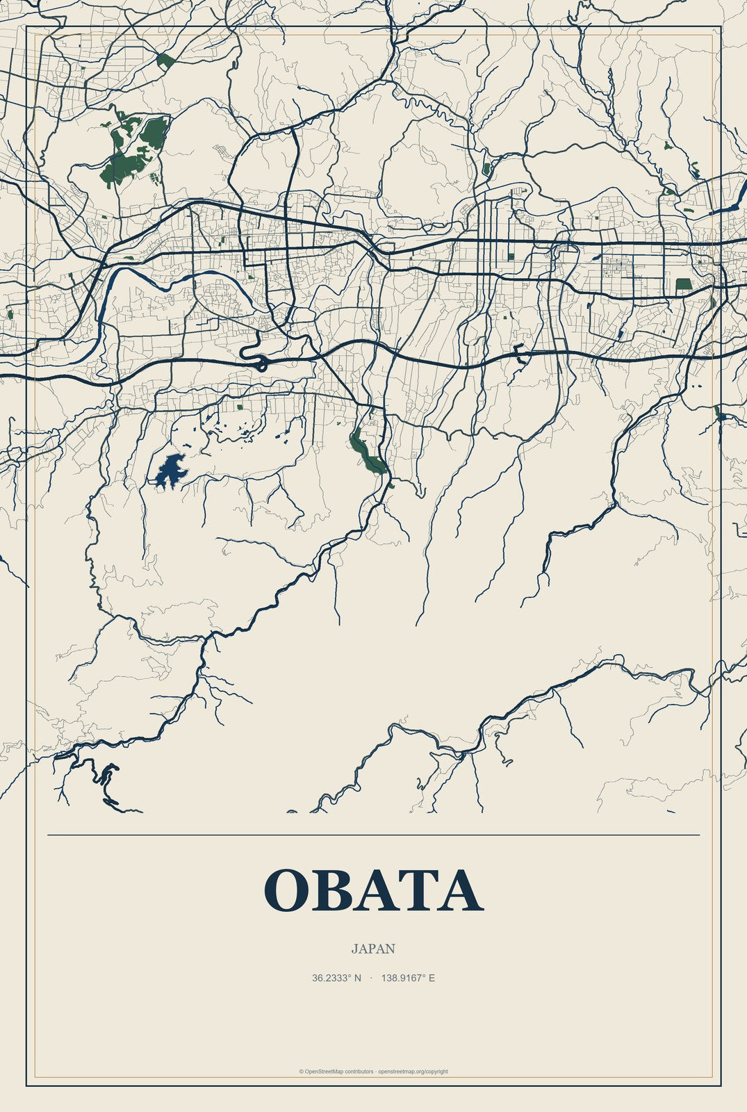 Obata, Japan City Map Aluminum Sign in Coastal Cutout style