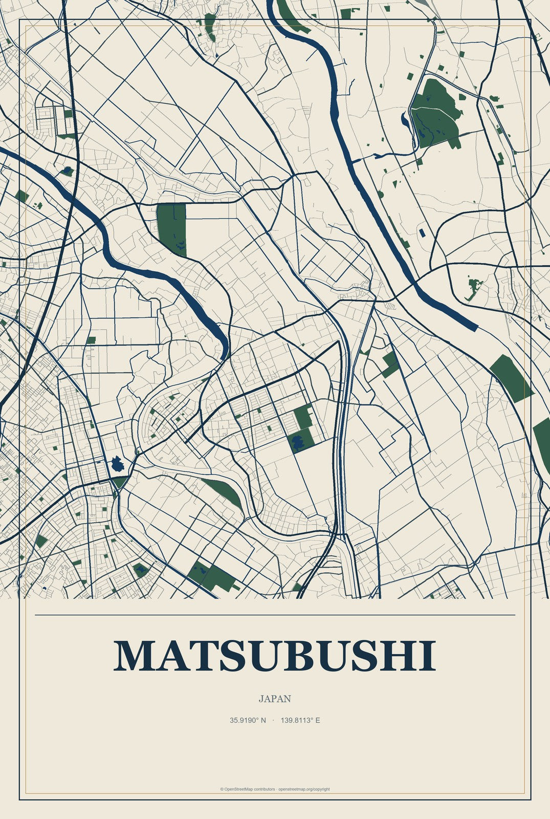 Matsubushi, Japan City Map Aluminum Sign in Coastal Cutout style