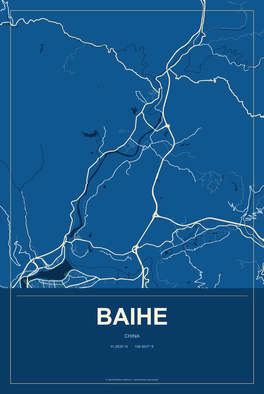 Baihe, Chongqing, China City Map Aluminum Sign in Harbor Cobalt style
