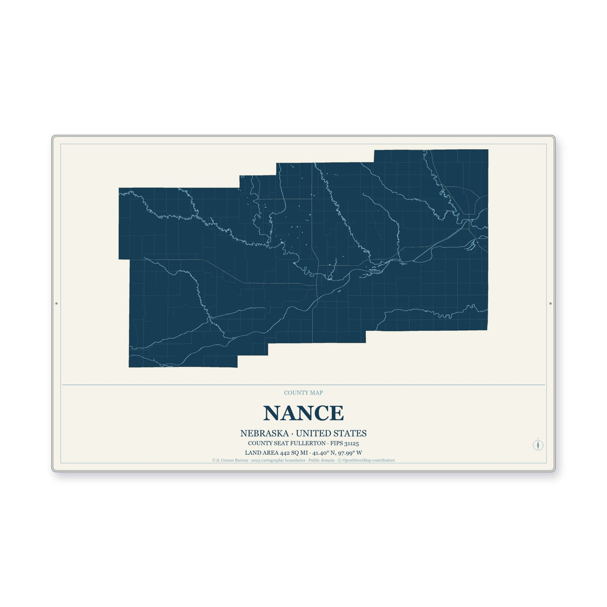 Nance County, Nebraska Map Aluminum Sign in Coastal Cutout style