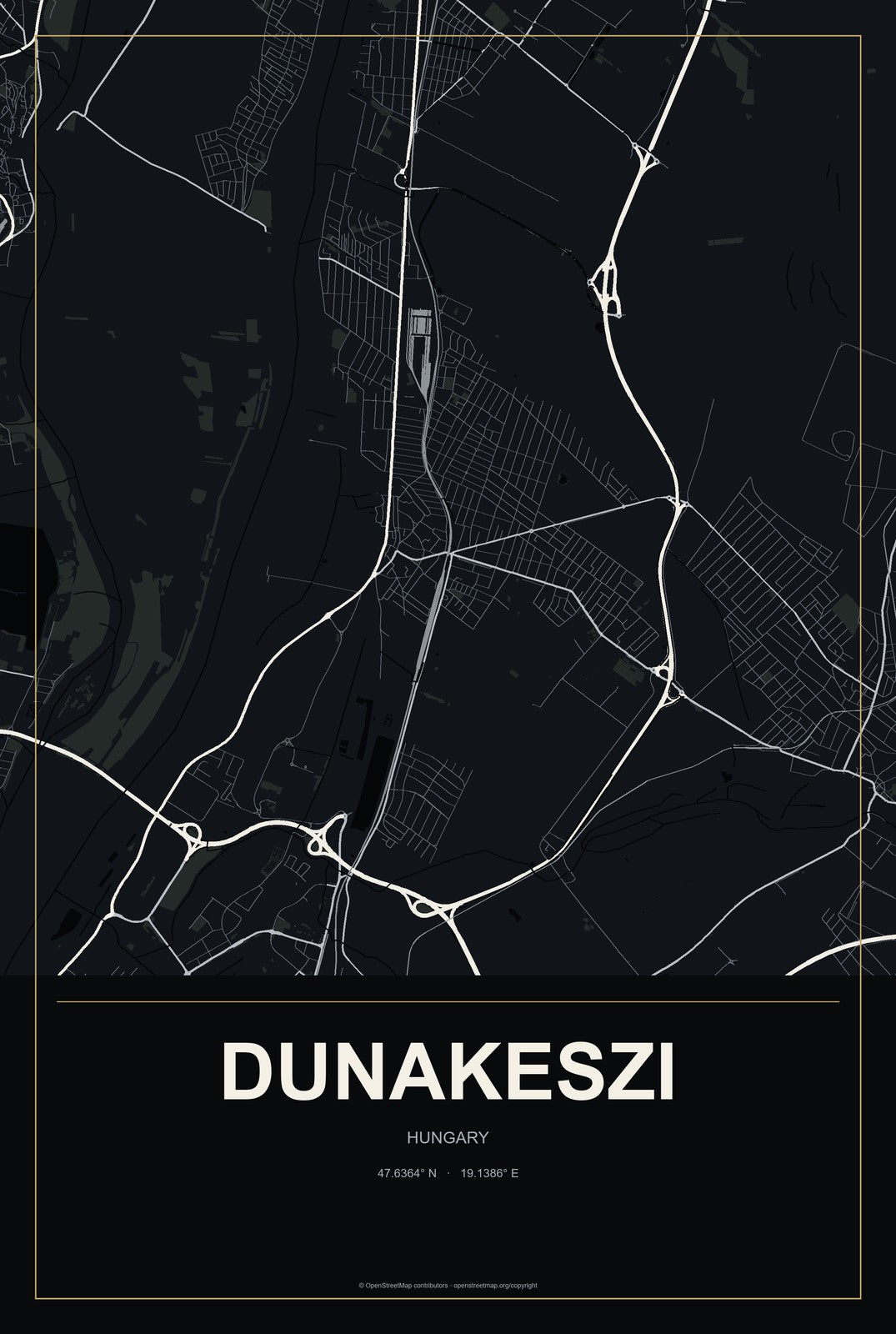 Dunakeszi, Hungary City Map Aluminum Sign in Metropolitan Noir style