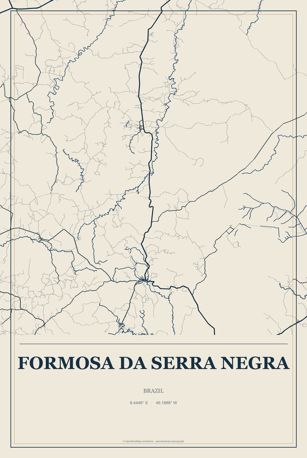 Formosa da Serra Negra, Brazil City Map Aluminum Sign in Coastal Cutout style