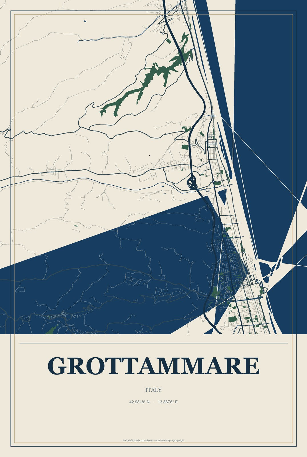 Grottammare, Italy City Map Aluminum Sign in Coastal Cutout style