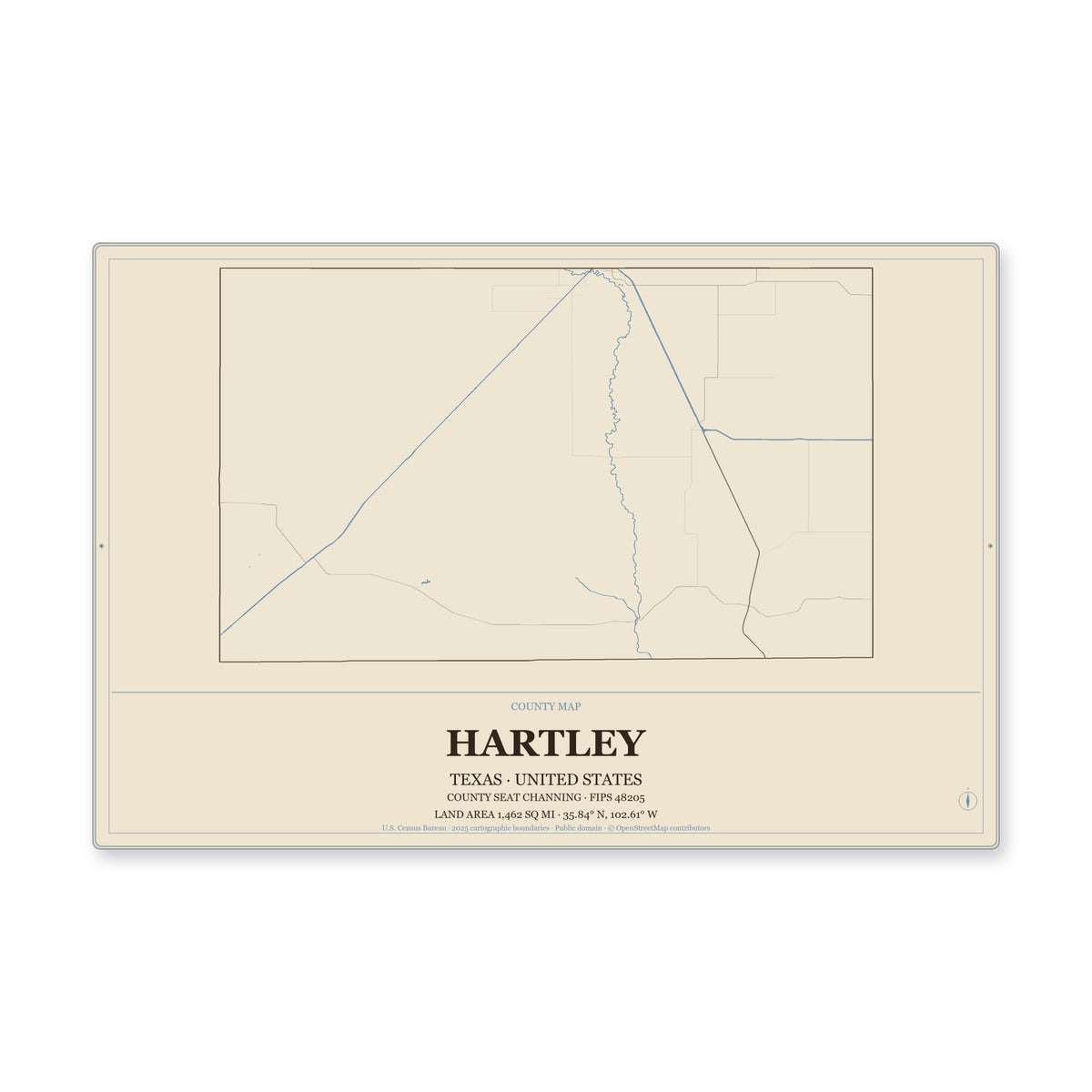 Hartley County, Texas Map Aluminum Sign in Heritage Nautical style