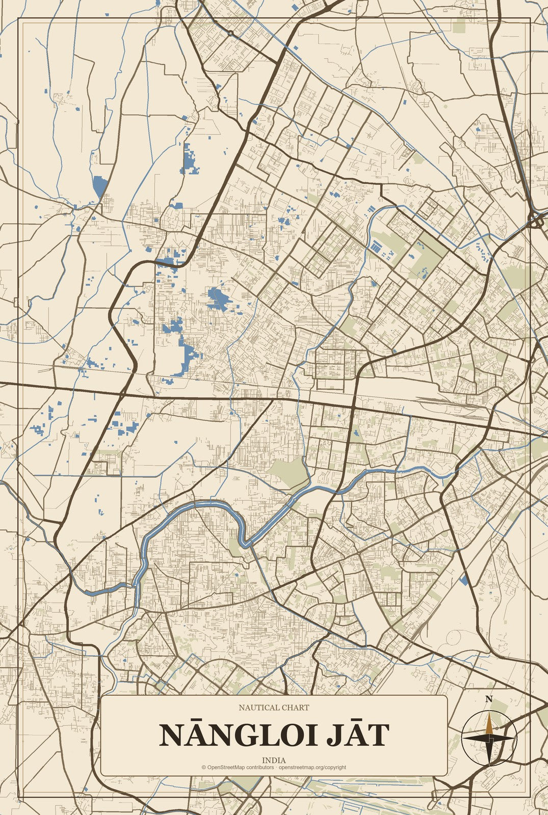 Nāngloi Jāt, India City Map Aluminum Sign in Heritage Nautical style