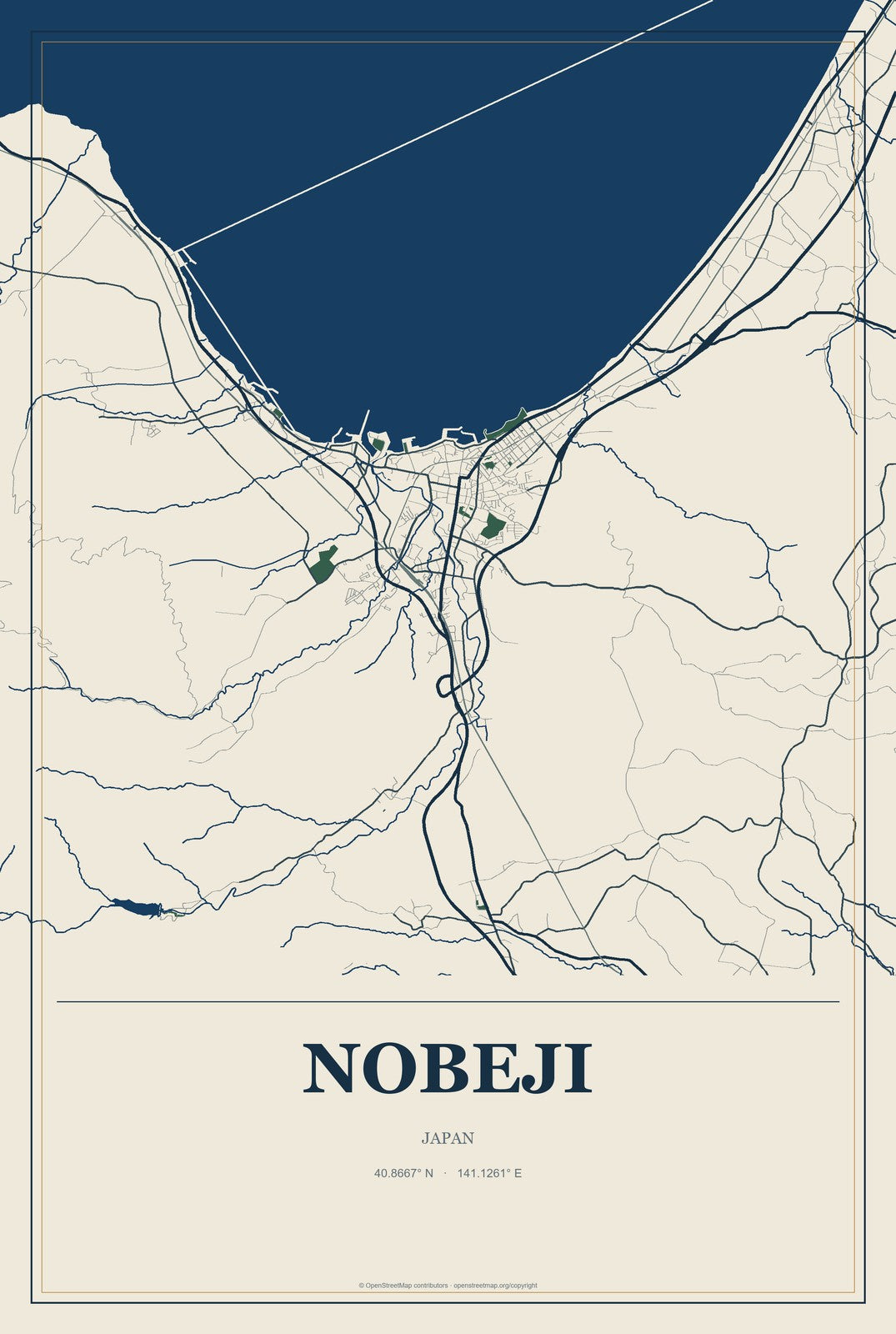 Nobeji, Japan City Map Aluminum Sign in Coastal Cutout style