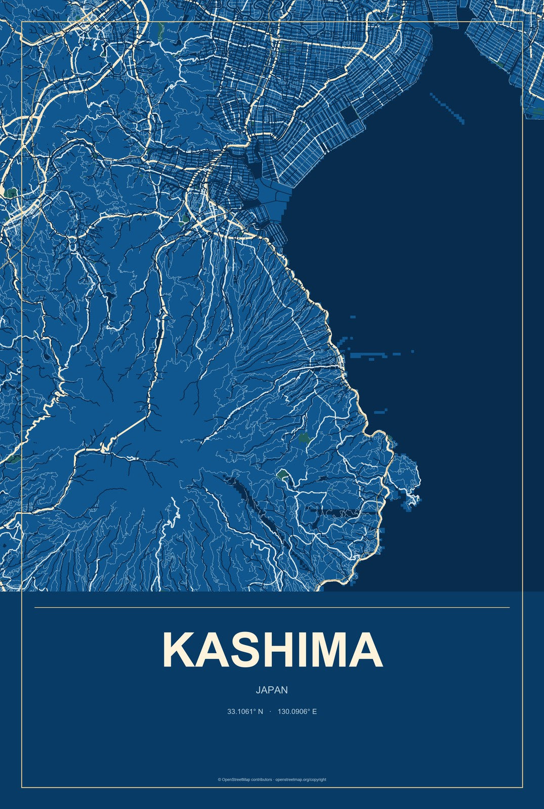 Kashima, Japan City Map Aluminum Sign in Harbor Cobalt style