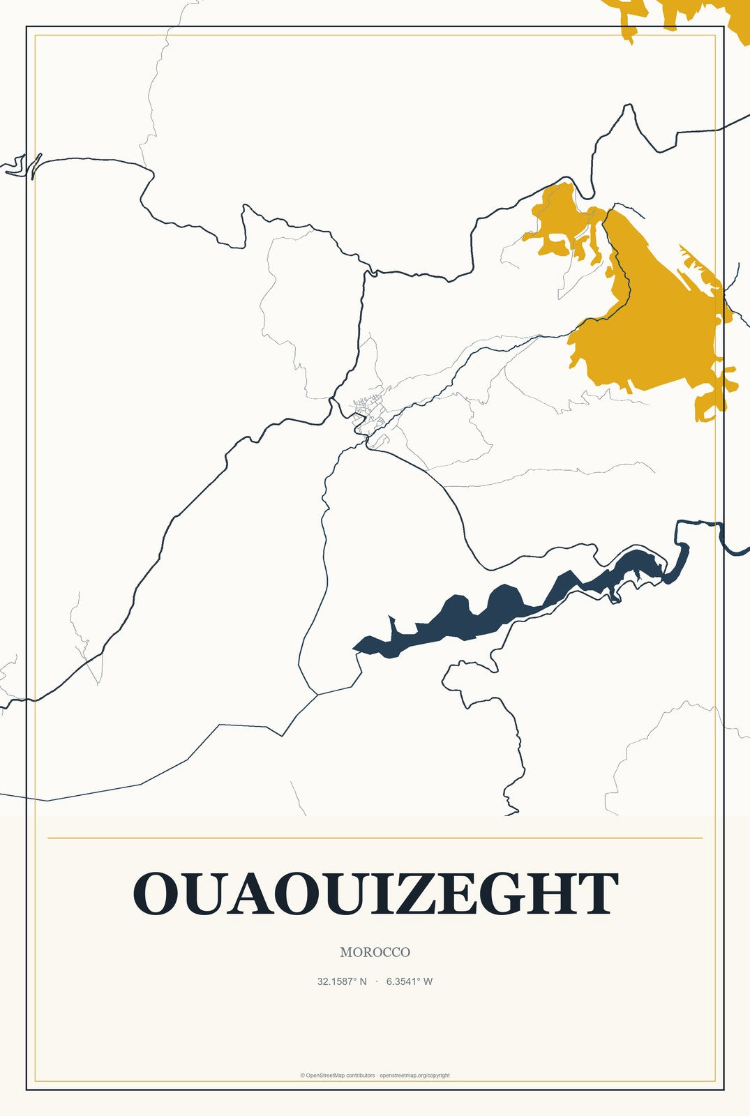 Ouaouizeght, Morocco City Map Aluminum Sign in Citrine Modern style