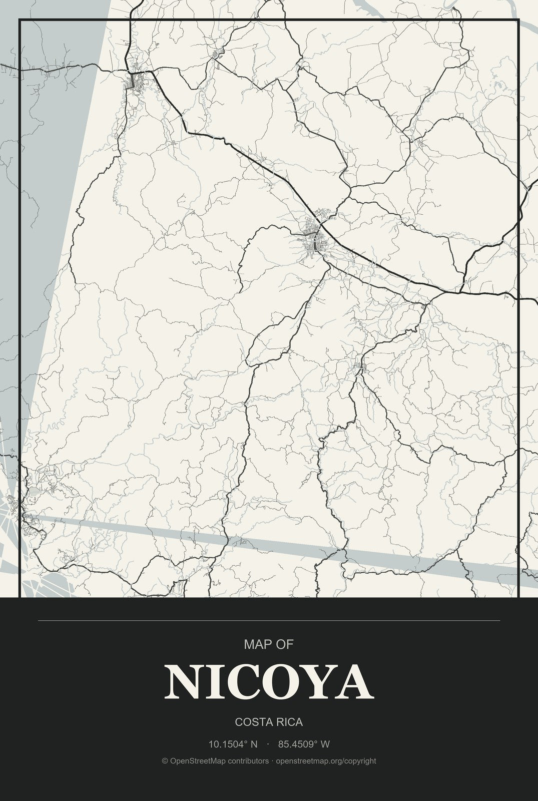 Nicoya, Costa Rica City Map Aluminum Sign in Museum Plaque style