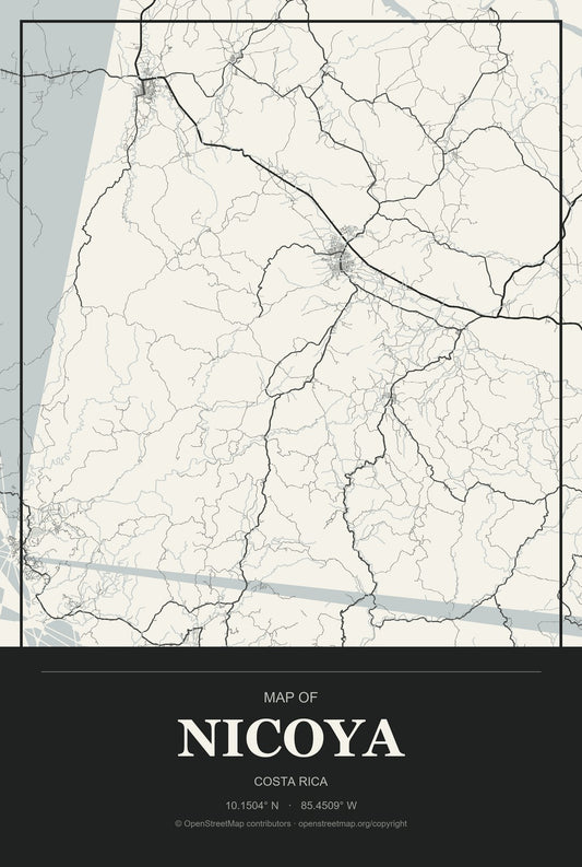 Nicoya, Costa Rica City Map Aluminum Sign in Museum Plaque style