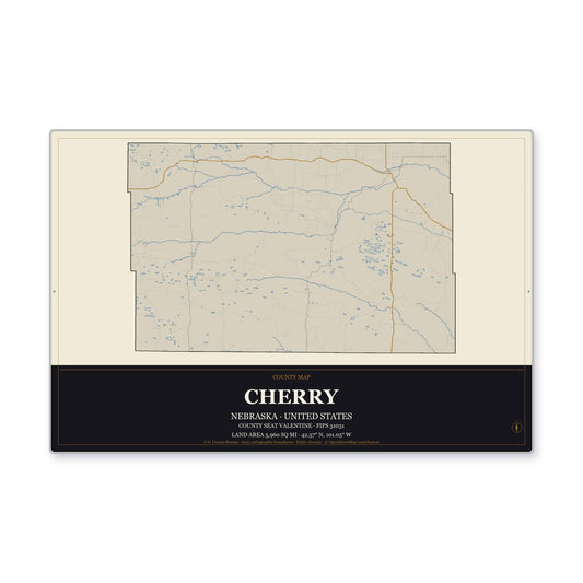 Cherry County, Nebraska Map Aluminum Sign in Museum Plaque style