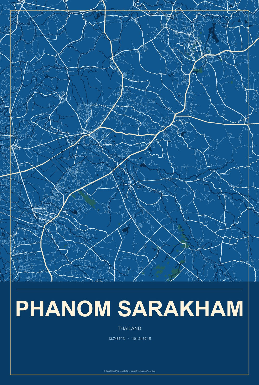 Phanom Sarakham, Thailand City Map Aluminum Sign in Harbor Cobalt style