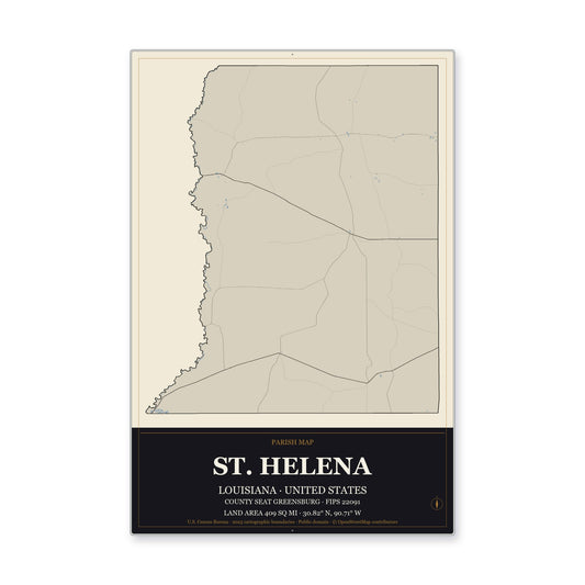 St. Helena Parish, Louisiana Map Aluminum Sign in Museum Plaque style