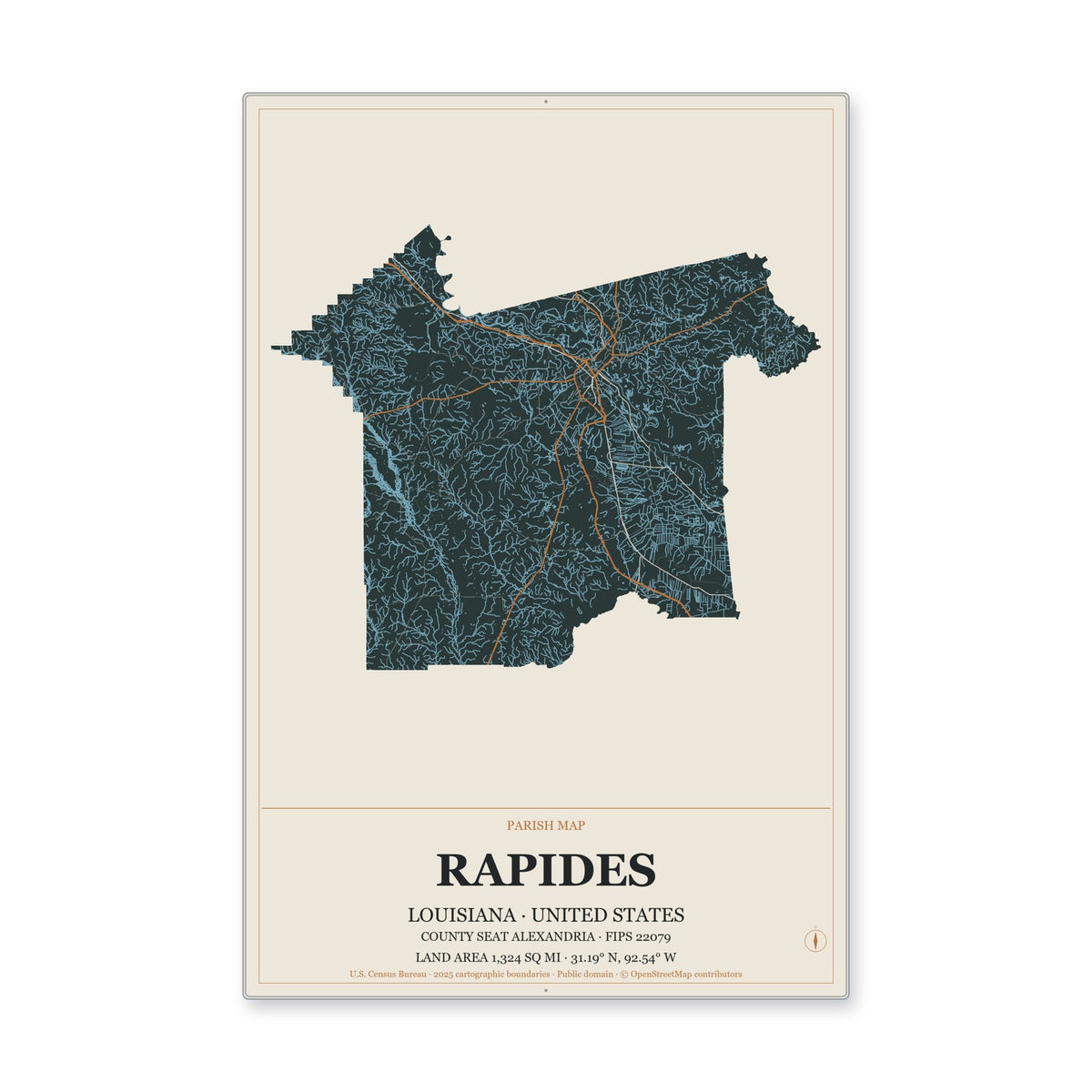 Rapides Parish, Louisiana Map Aluminum Sign in Headline Atlas style