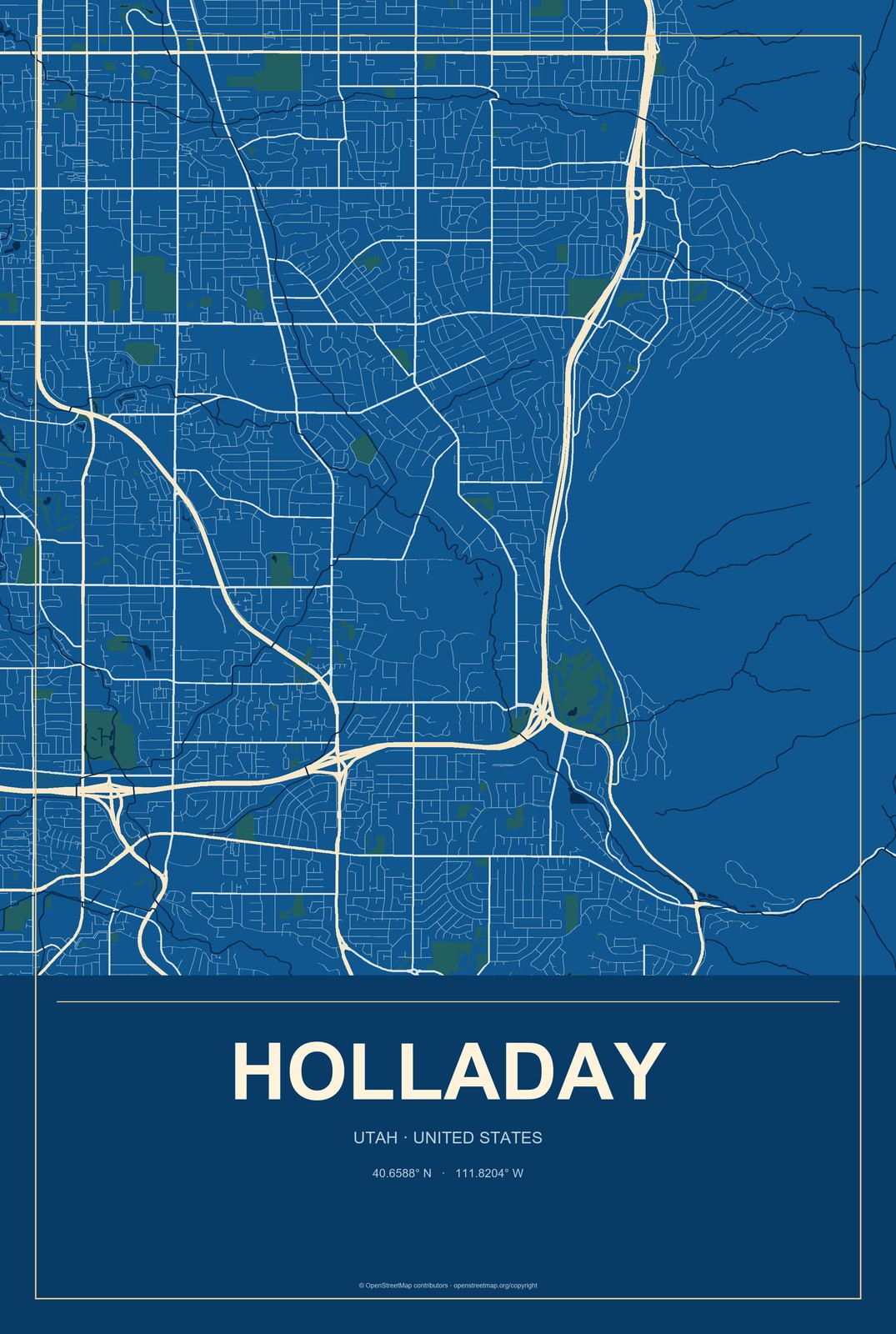 Holladay, Utah City Map Aluminum Sign in Harbor Cobalt style