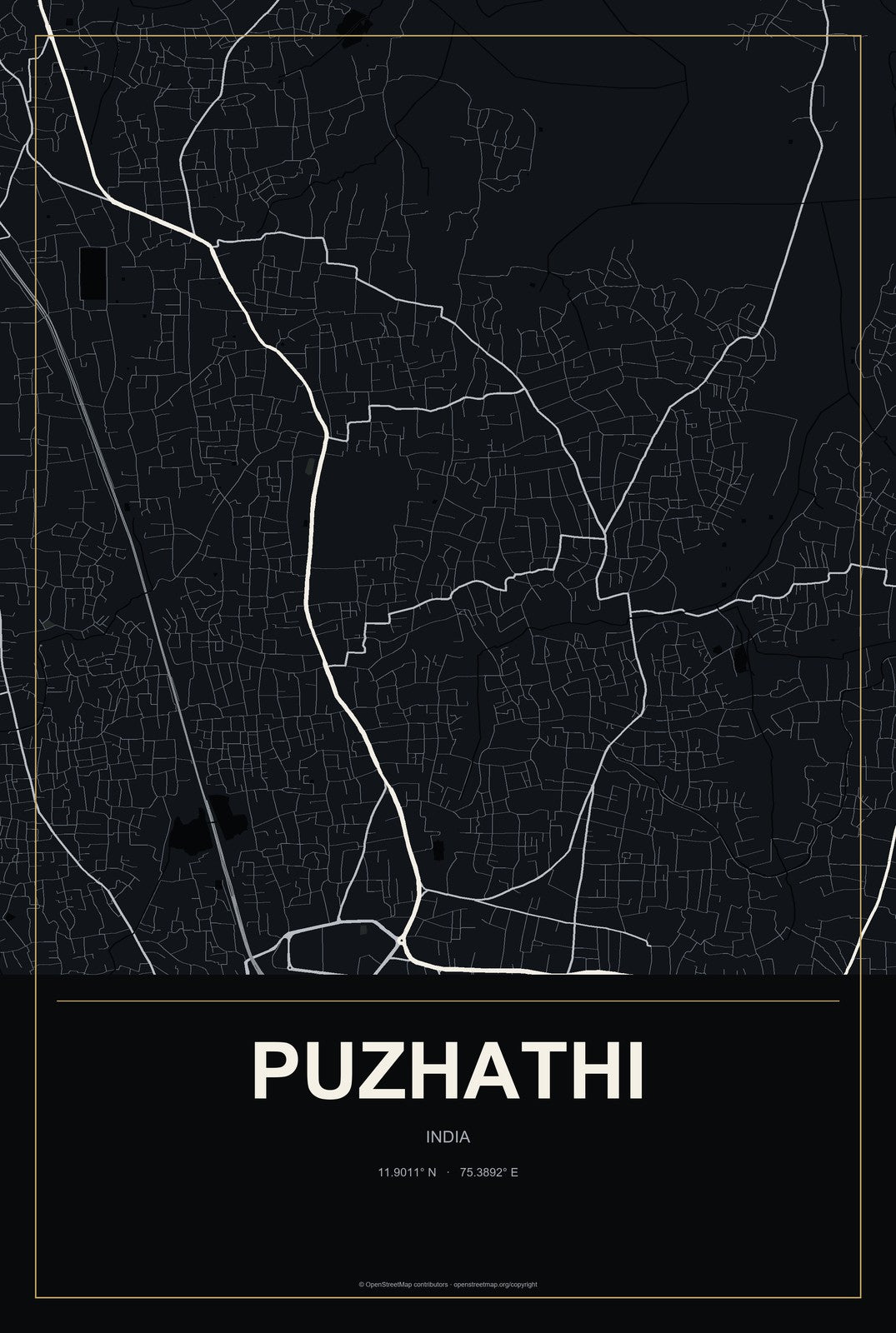 Puzhathi, India City Map Aluminum Sign in Metropolitan Noir style