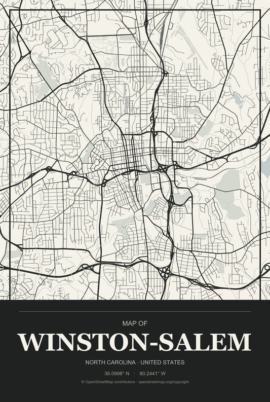 Winston-Salem, North Carolina City Map Aluminum Sign in Museum Plaque style
