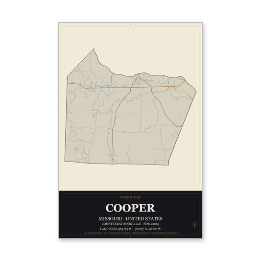 Cooper County, Missouri Map Aluminum Sign in Museum Plaque style