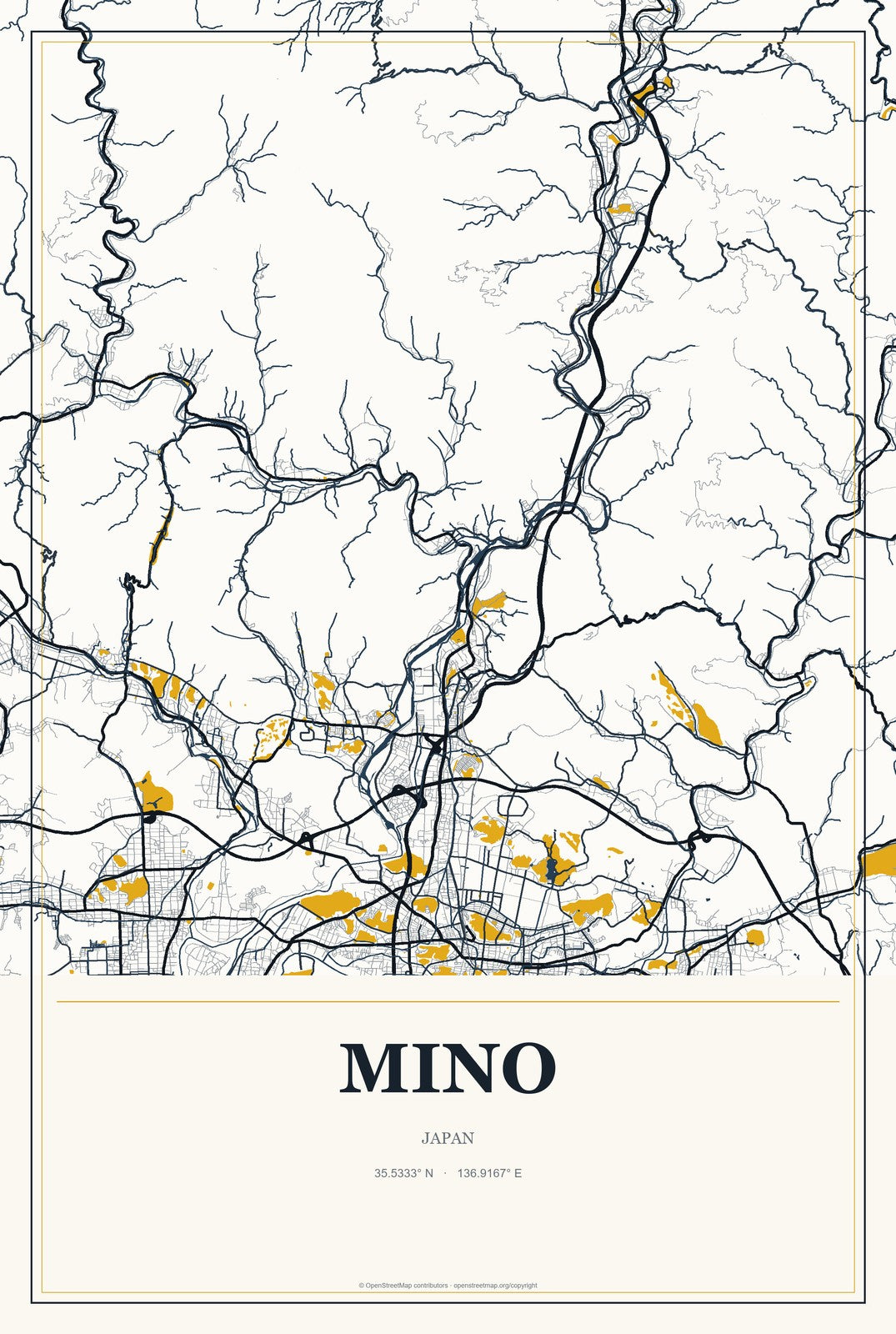 Mino, Japan City Map Aluminum Sign in Citrine Modern style