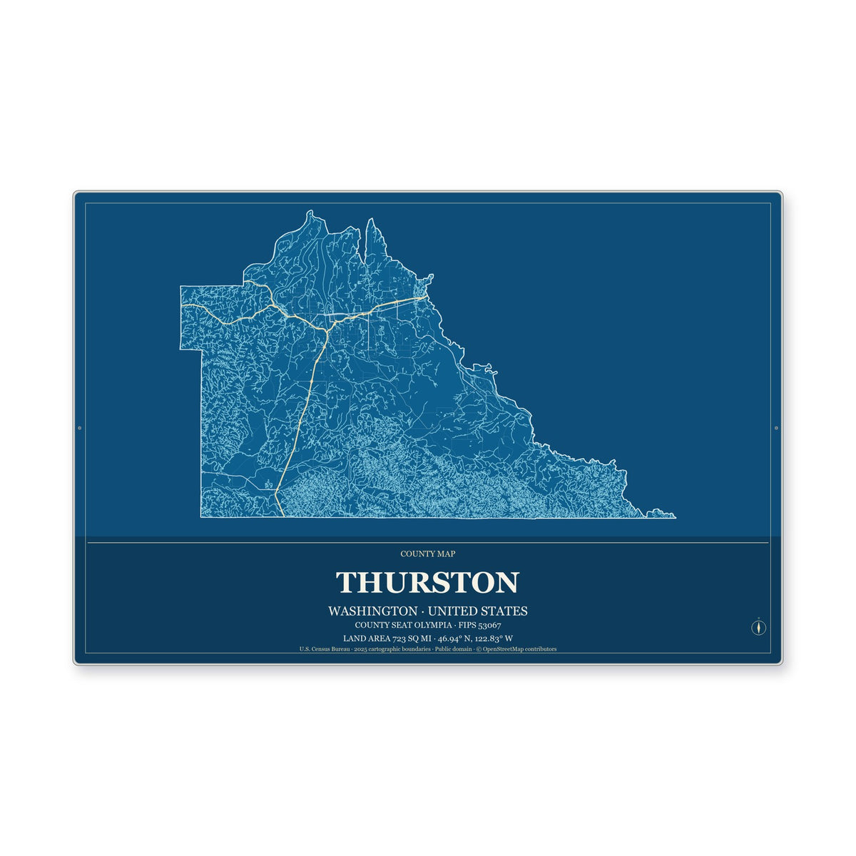 Thurston County, Washington Map Aluminum Sign in Harbor Cobalt style