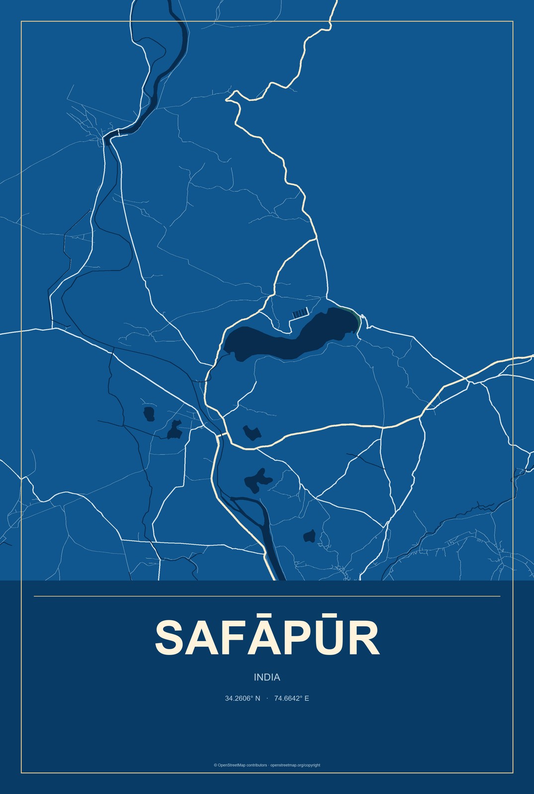 Safāpūr, India City Map Aluminum Sign in Harbor Cobalt style