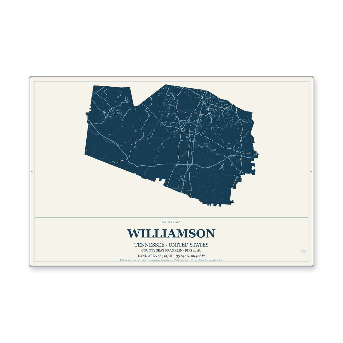 Williamson County, Tennessee Map Aluminum Sign in Coastal Cutout style