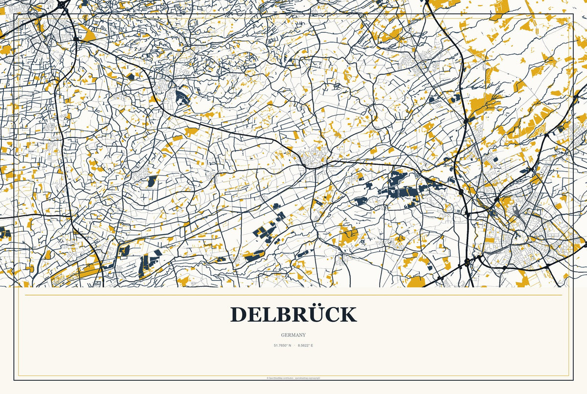 Delbrück, Germany City Map Aluminum Sign in Citrine Modern style