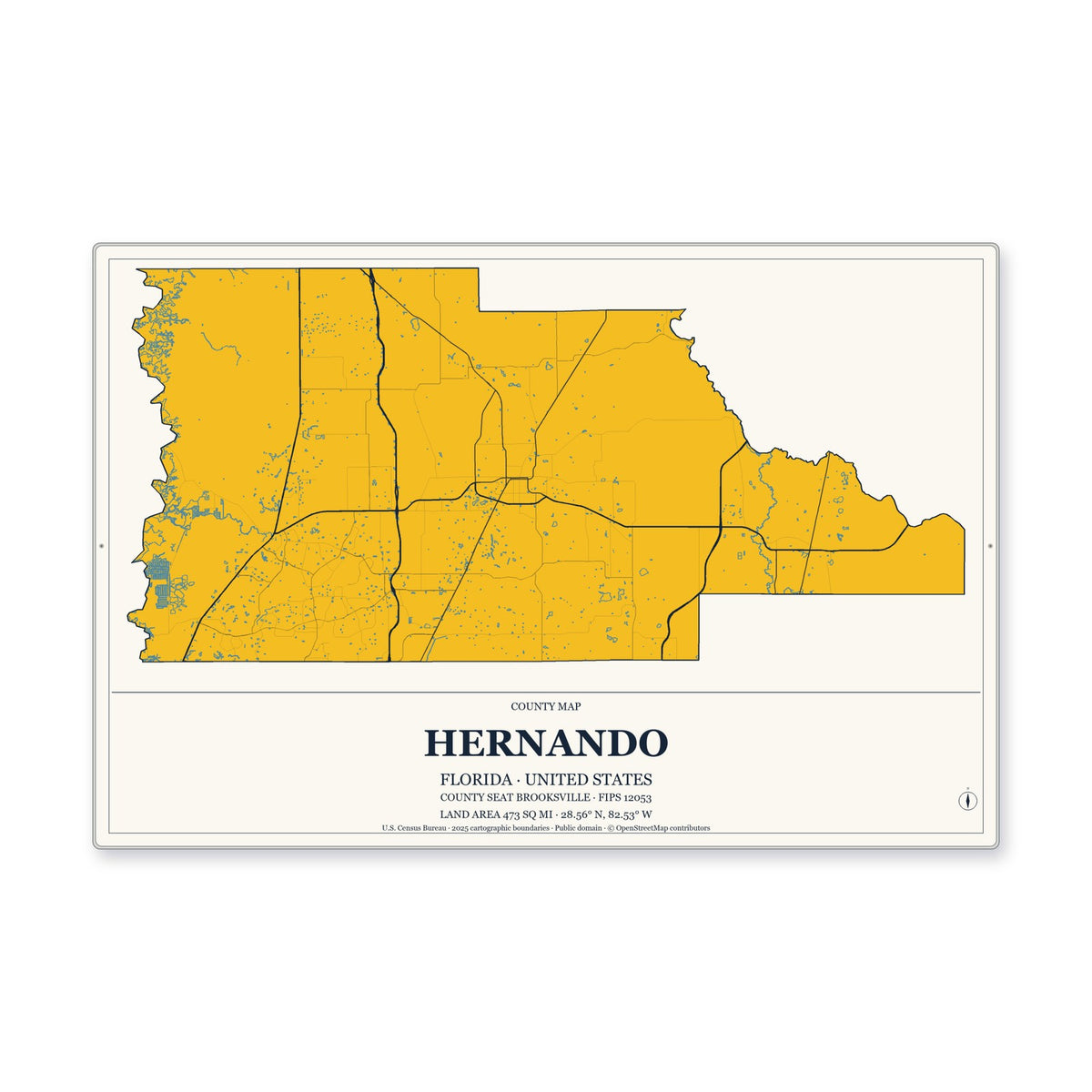 Hernando County, Florida Map Aluminum Sign in Citrine Modern style