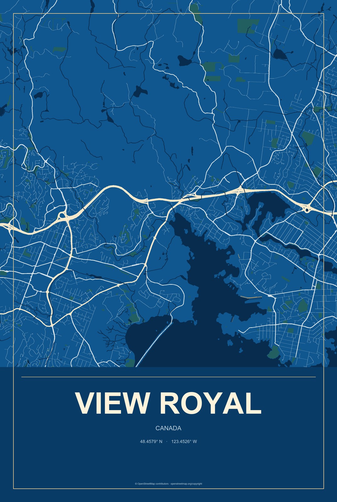 View Royal, Canada City Map Aluminum Sign in Harbor Cobalt style