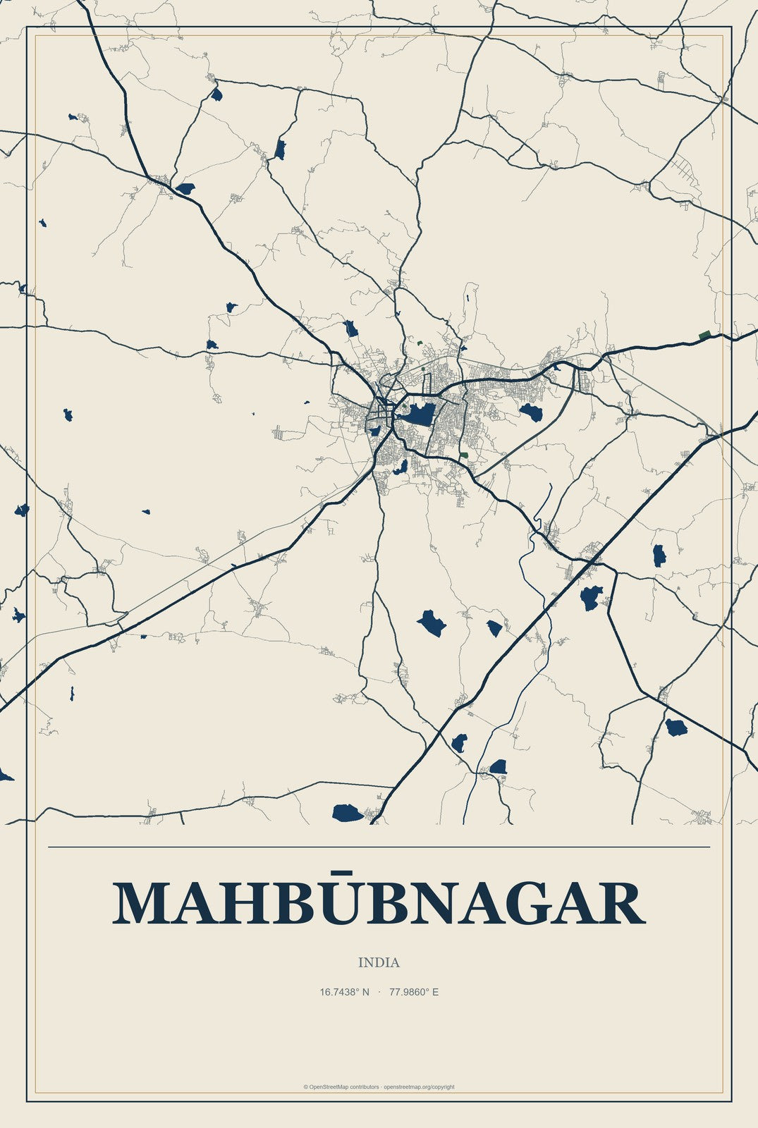Mahbūbnagar, India City Map Aluminum Sign in Coastal Cutout style