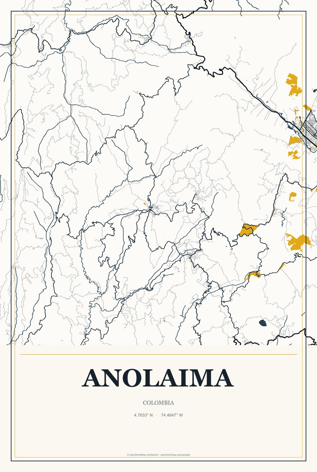 Anolaima, Colombia City Map Aluminum Sign in Citrine Modern style