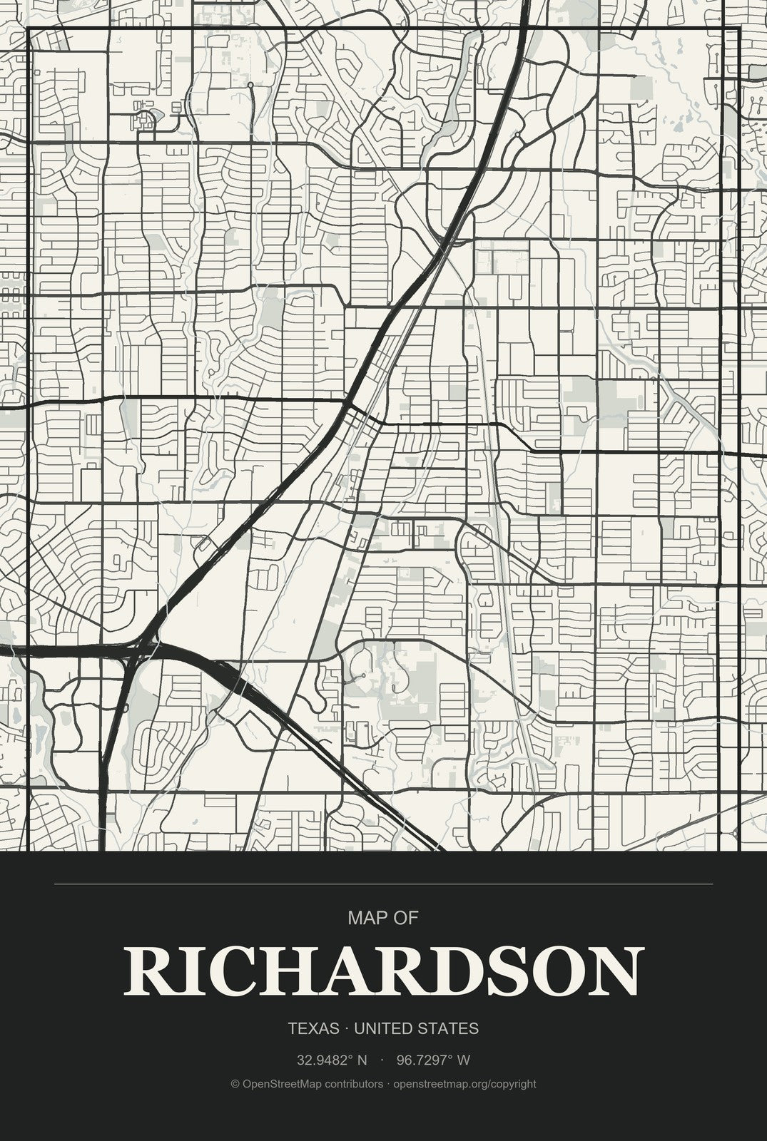 Richardson, Texas City Map Aluminum Sign in Museum Plaque style