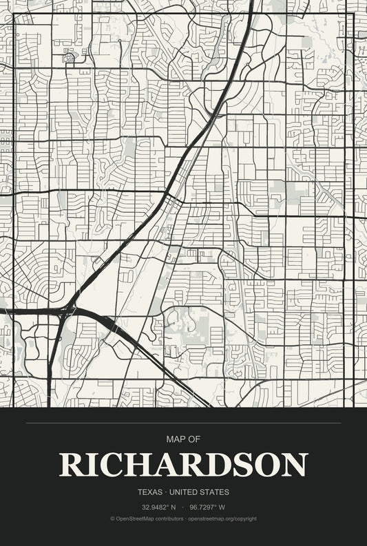 Richardson, Texas City Map Aluminum Sign in Museum Plaque style