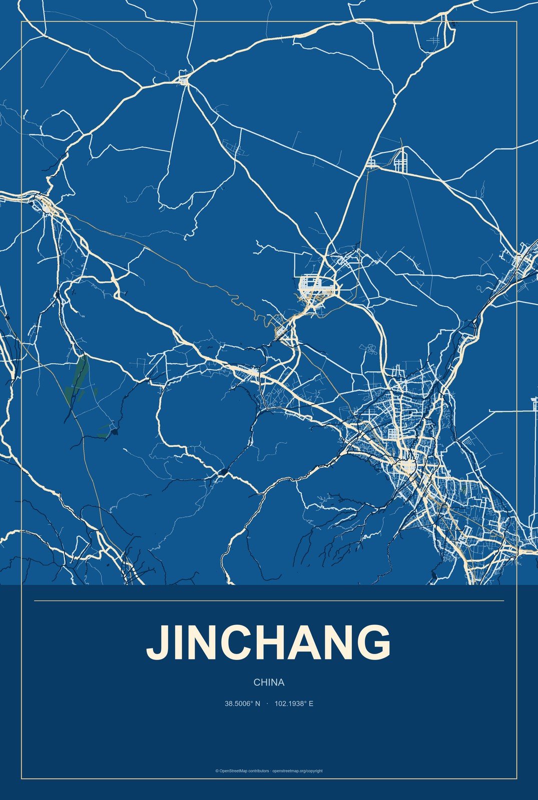Jinchang, China City Map Aluminum Sign in Harbor Cobalt style