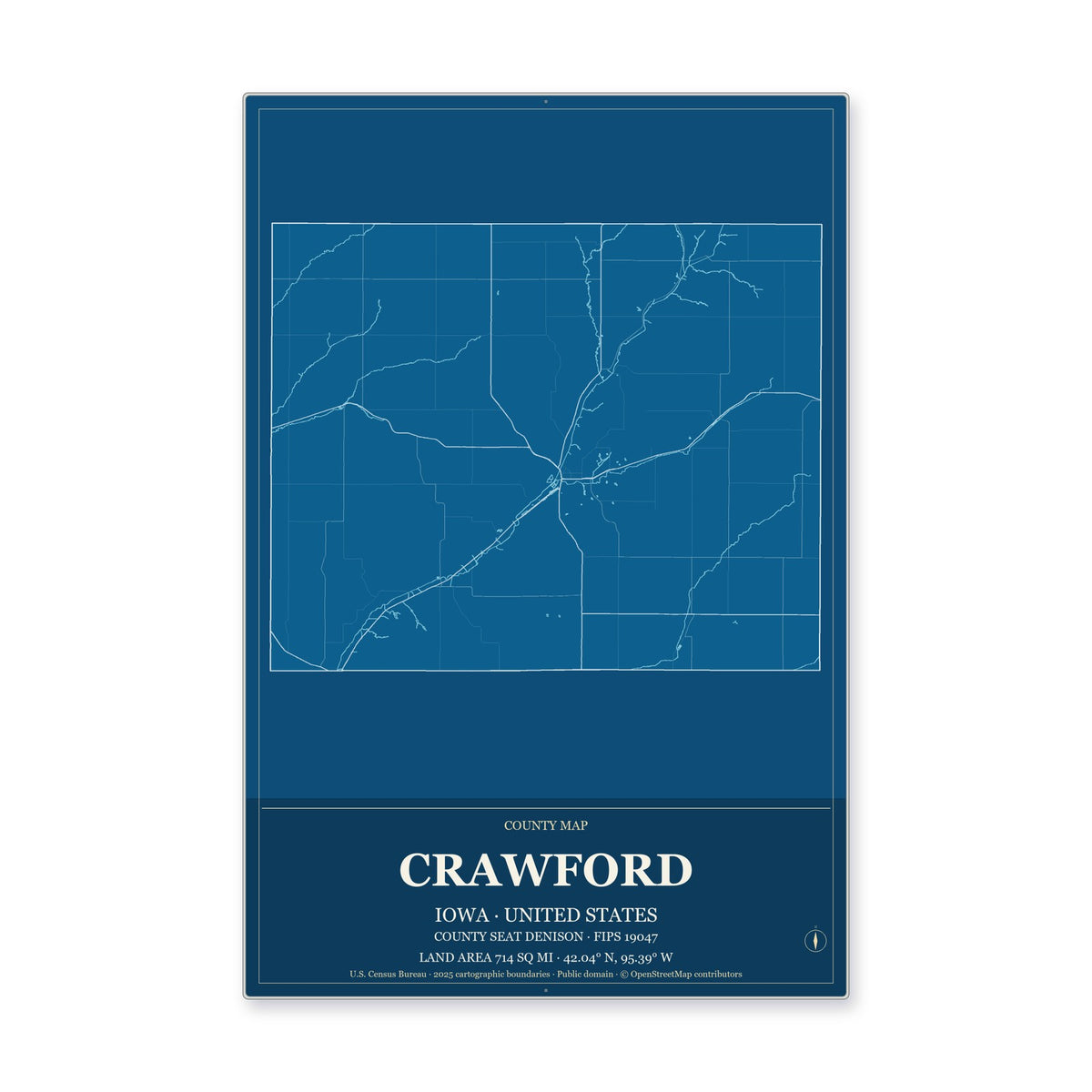 Crawford County, Iowa Map Aluminum Sign in Harbor Cobalt style