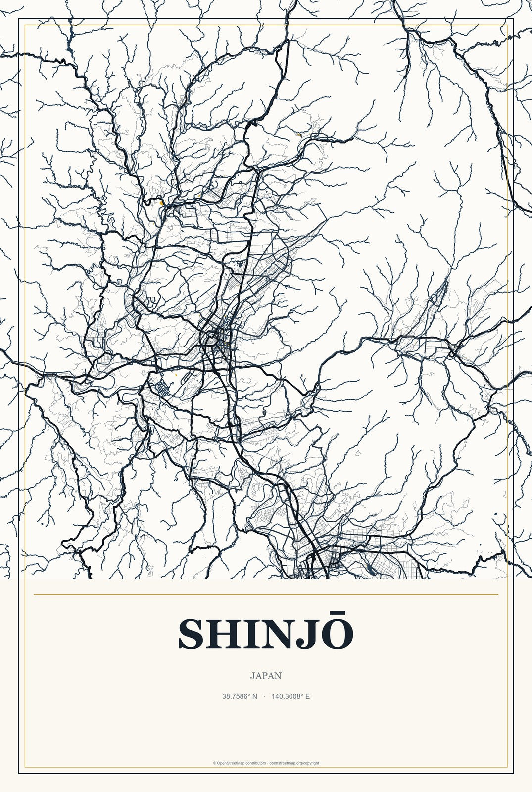 Shinjō, Japan City Map Aluminum Sign in Citrine Modern style