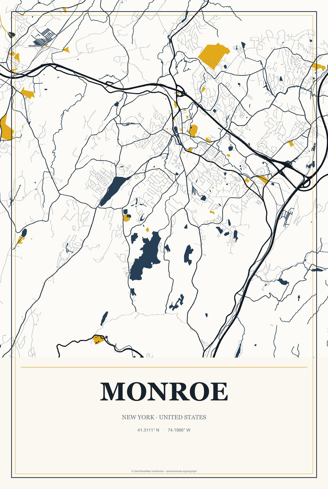 Monroe, New York City Map Aluminum Sign in Citrine Modern style