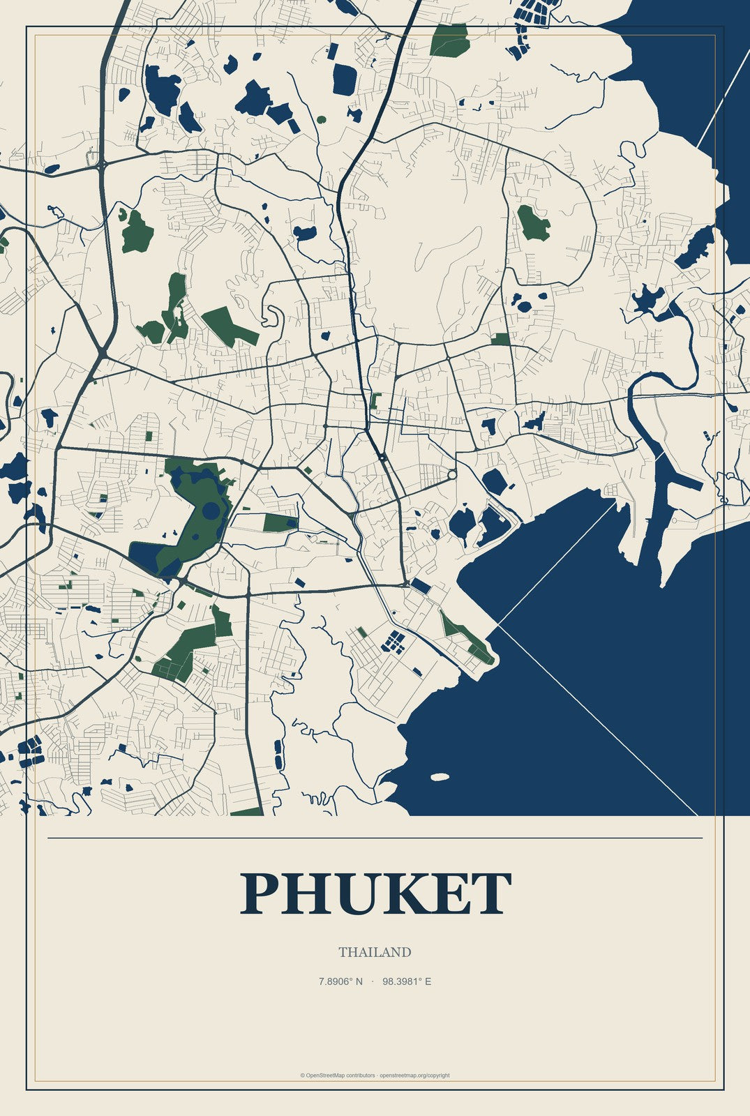 Phuket, Thailand City Map Aluminum Sign in Coastal Cutout style