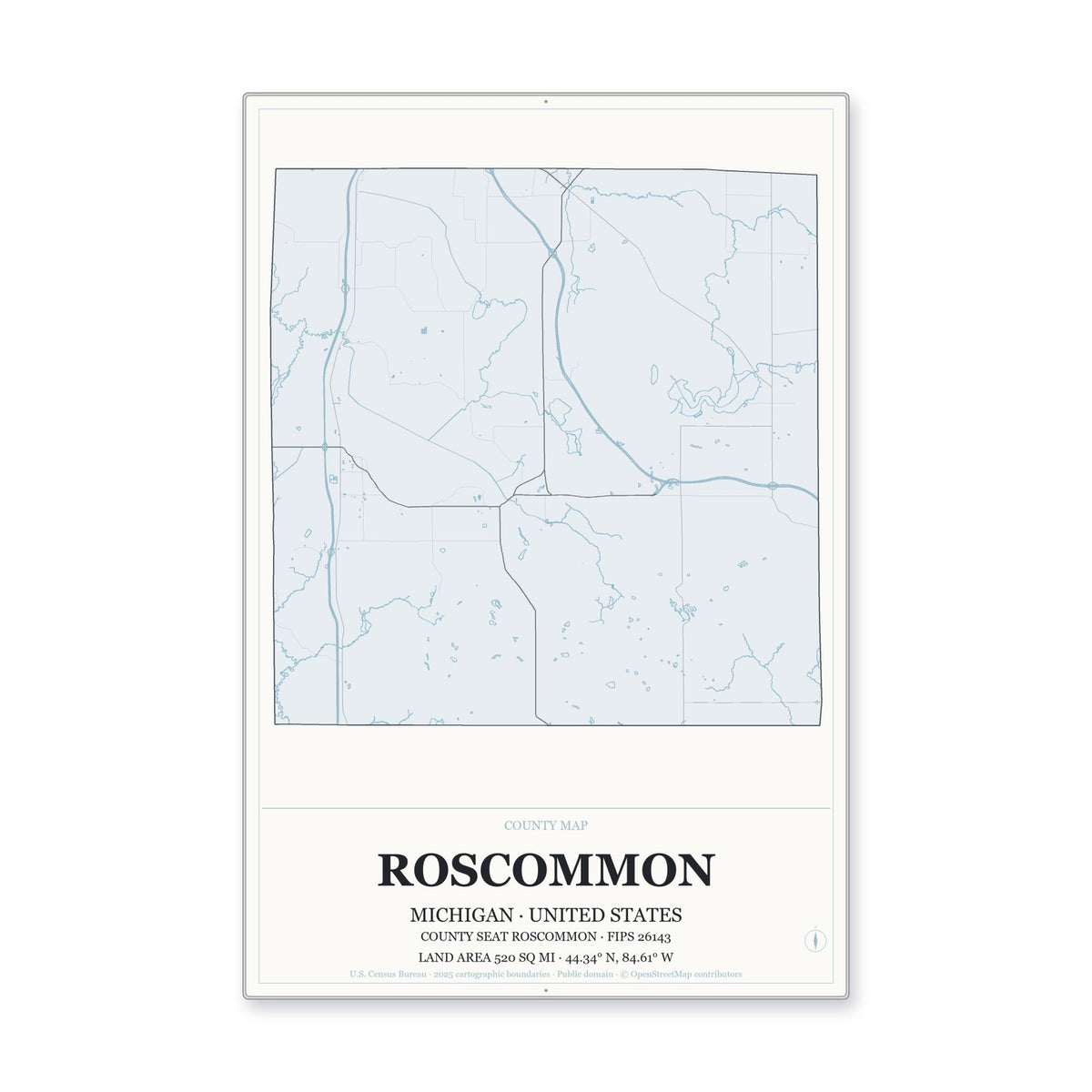 Roscommon County, Michigan Map Aluminum Sign in Gallery Air style