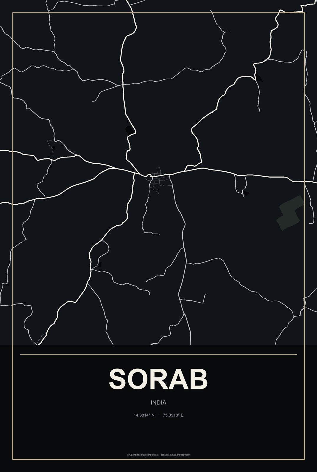 Sorab, India City Map Aluminum Sign in Metropolitan Noir style