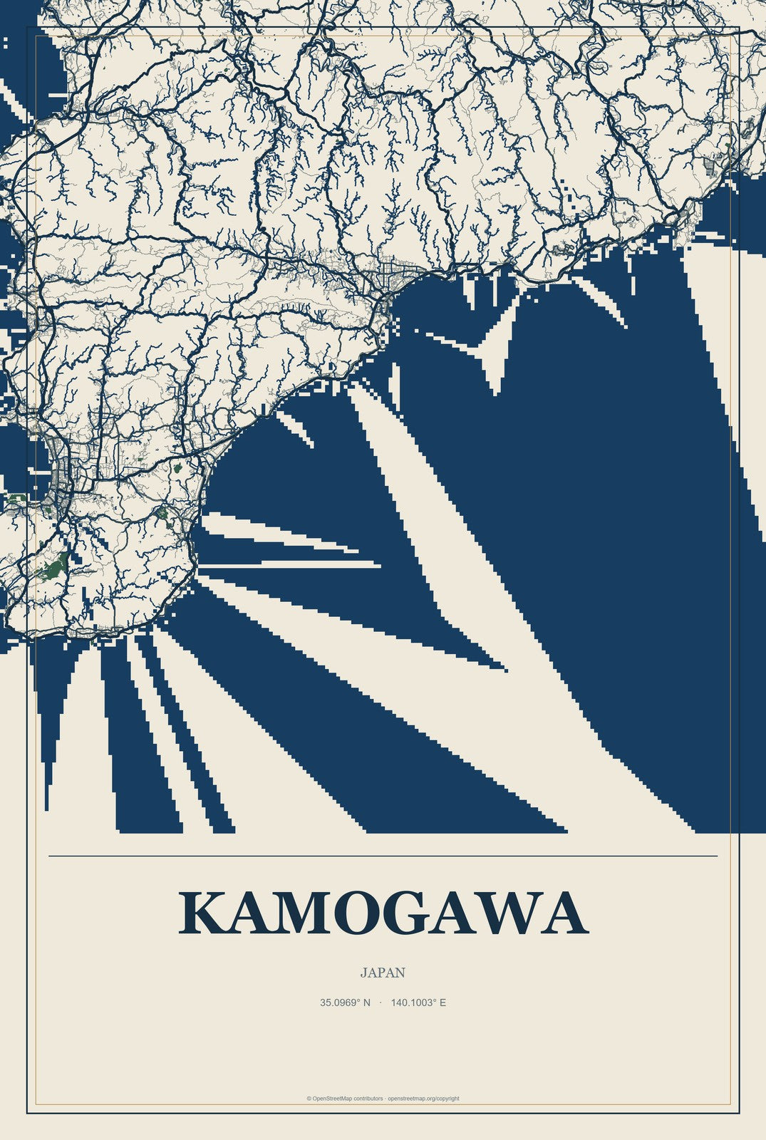 Kamogawa, Japan City Map Aluminum Sign in Coastal Cutout style