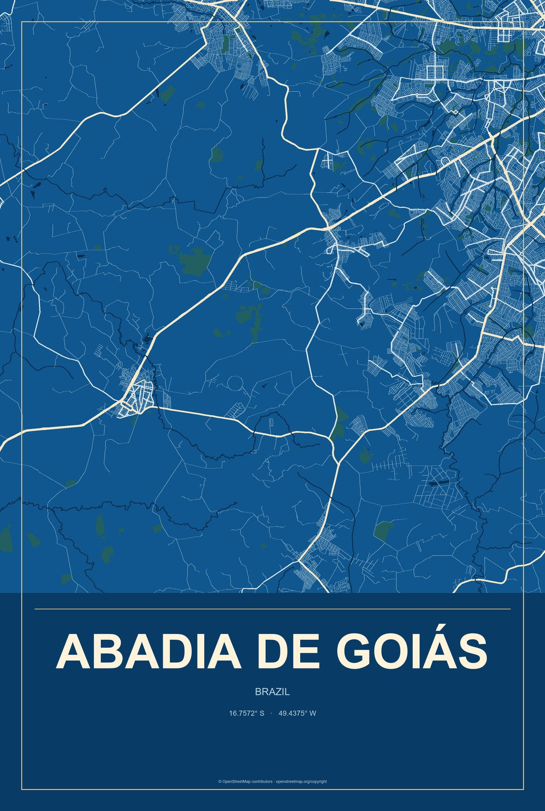 Abadia de Goiás, Brazil City Map Aluminum Sign in Harbor Cobalt style