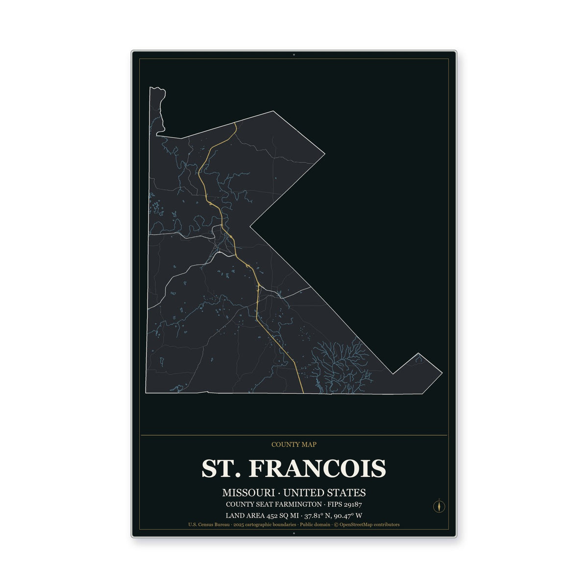 St. Francois County, Missouri Map Aluminum Sign in Metropolitan Noir style